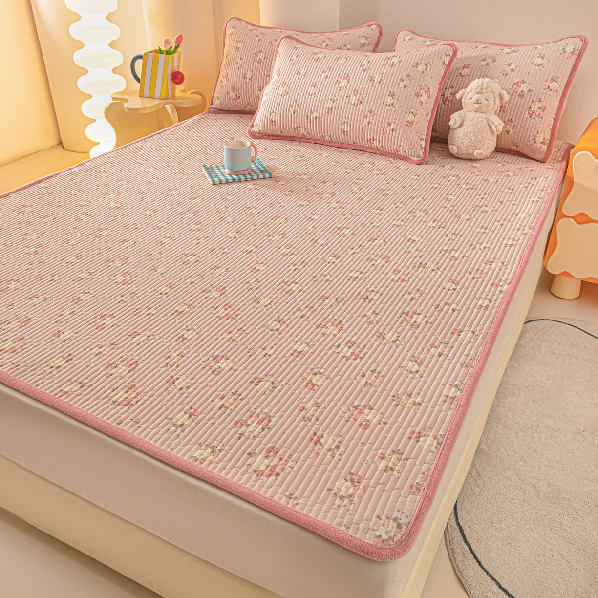 91家纺网 家纺一手货源 找家纺 恒尚居 2025新款A版全棉B版牛奶绒夹棉床褥垫A类四季可用学生床垫-秋冬款三件套系列二 晚庭粉【A纯棉-B牛奶绒】