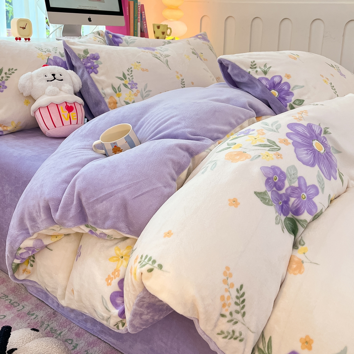 启发 2025新款高克重小清新牛奶绒印花四件套 娴雅华韵