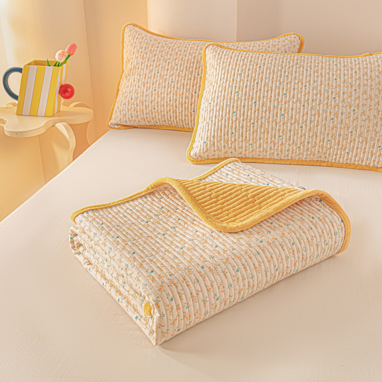 91家纺网 家纺一手货源 找家纺 恒尚居 2025新款A版全棉B版牛奶绒夹棉床褥垫A类四季可用学生床垫-秋冬款三件套系列三 悦色【A纯棉-B牛奶绒】