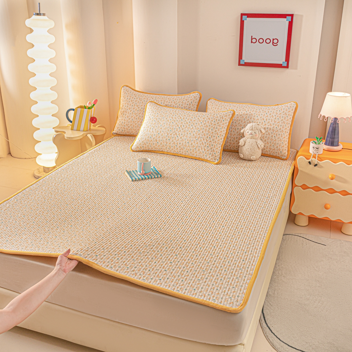 91家纺网 家纺一手货源 找家纺 恒尚居 2025新款A版全棉B版牛奶绒夹棉床褥垫A类四季可用学生床垫-秋冬款三件套系列三 悦色【A纯棉-B牛奶绒】