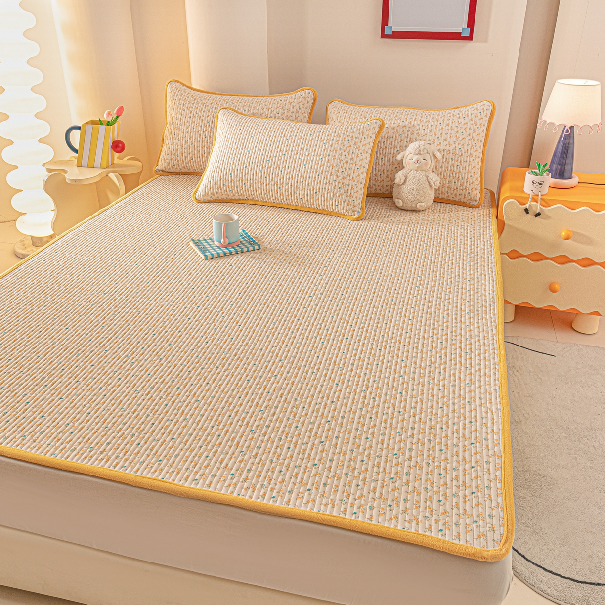 91家纺网 家纺一手货源 找家纺 恒尚居 2025新款A版全棉B版牛奶绒夹棉床褥垫A类四季可用学生床垫-秋冬款三件套系列三 悦色【A纯棉-B牛奶绒】