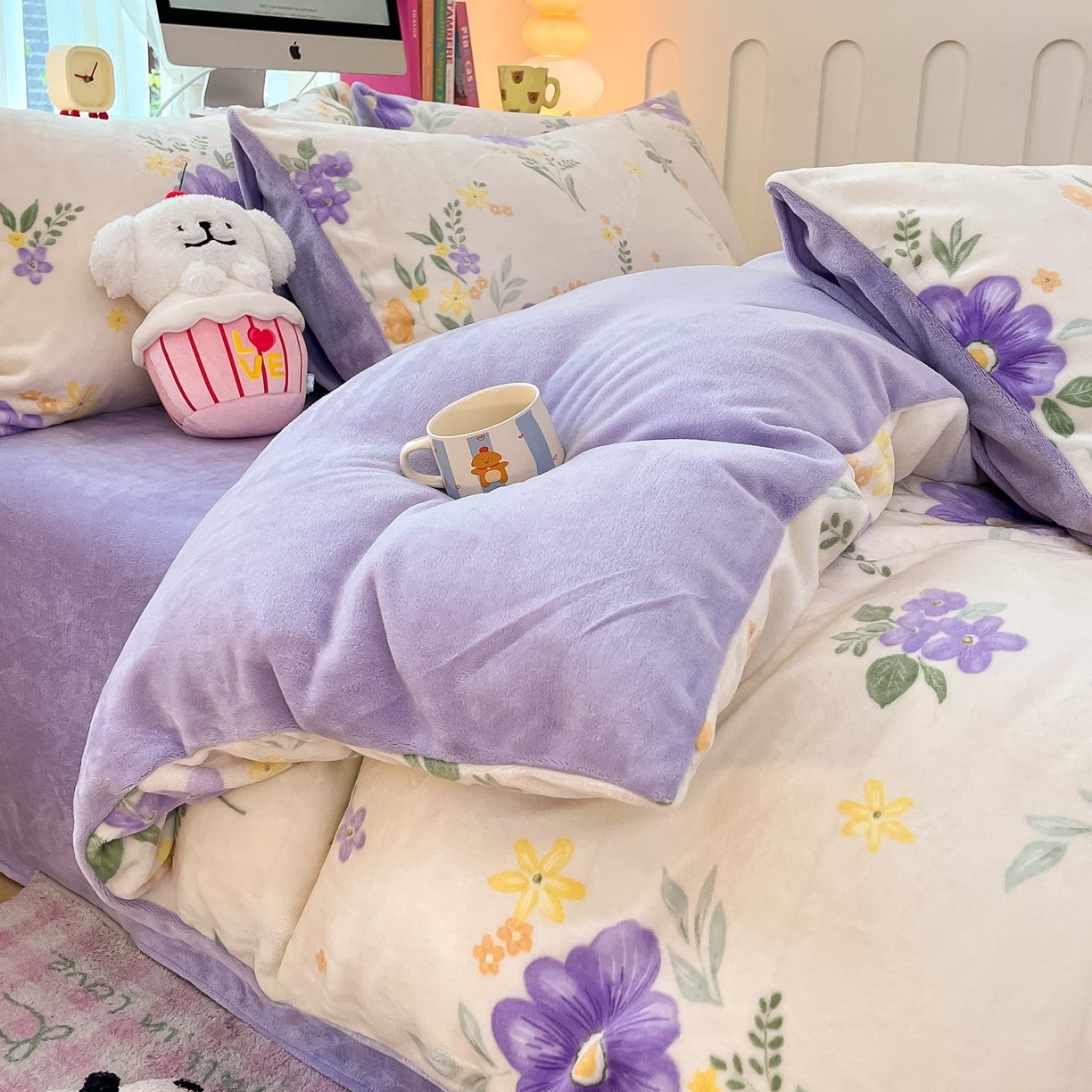 91家纺网 家纺一手货源 找家纺 启发 2025新款高克重小清新牛奶绒印花四件套 娴雅华韵