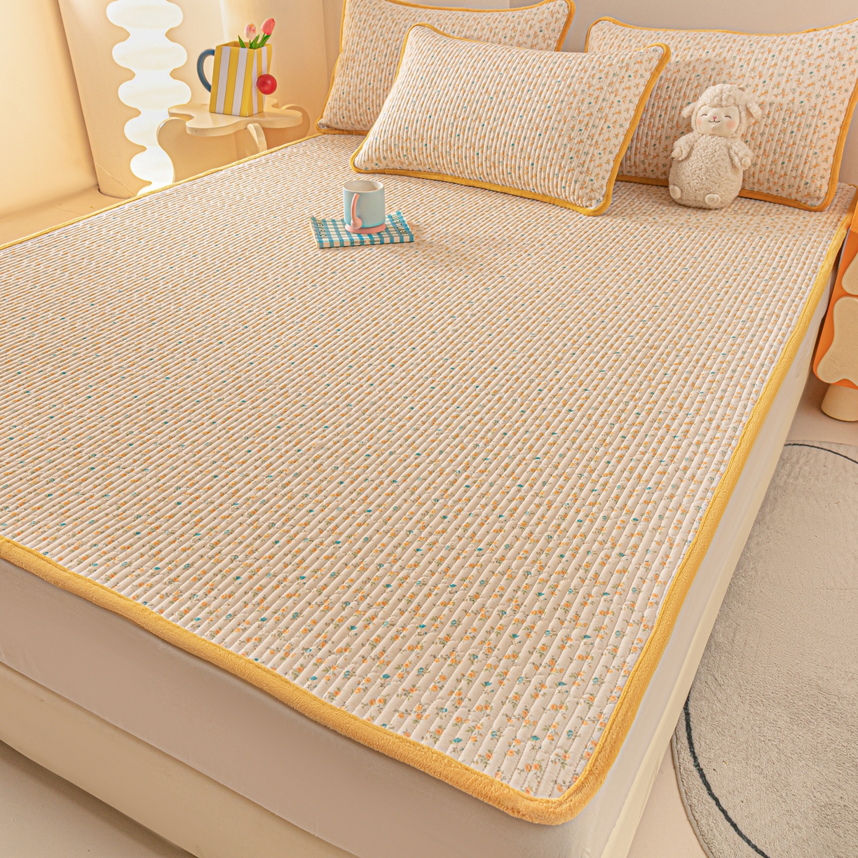 91家纺网 家纺一手货源 找家纺 恒尚居 2025新款A版全棉B版牛奶绒夹棉床褥垫A类四季可用学生床垫-秋冬款三件套系列三 悦色【A纯棉-B牛奶绒】