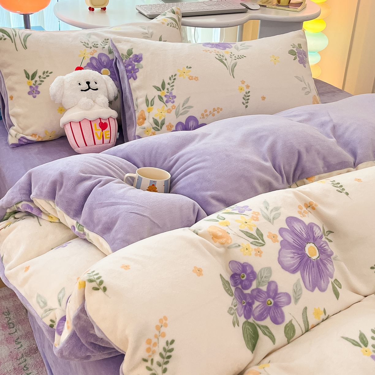 91家纺网 家纺一手货源 找家纺 启发 2025新款高克重小清新牛奶绒印花四件套 娴雅华韵