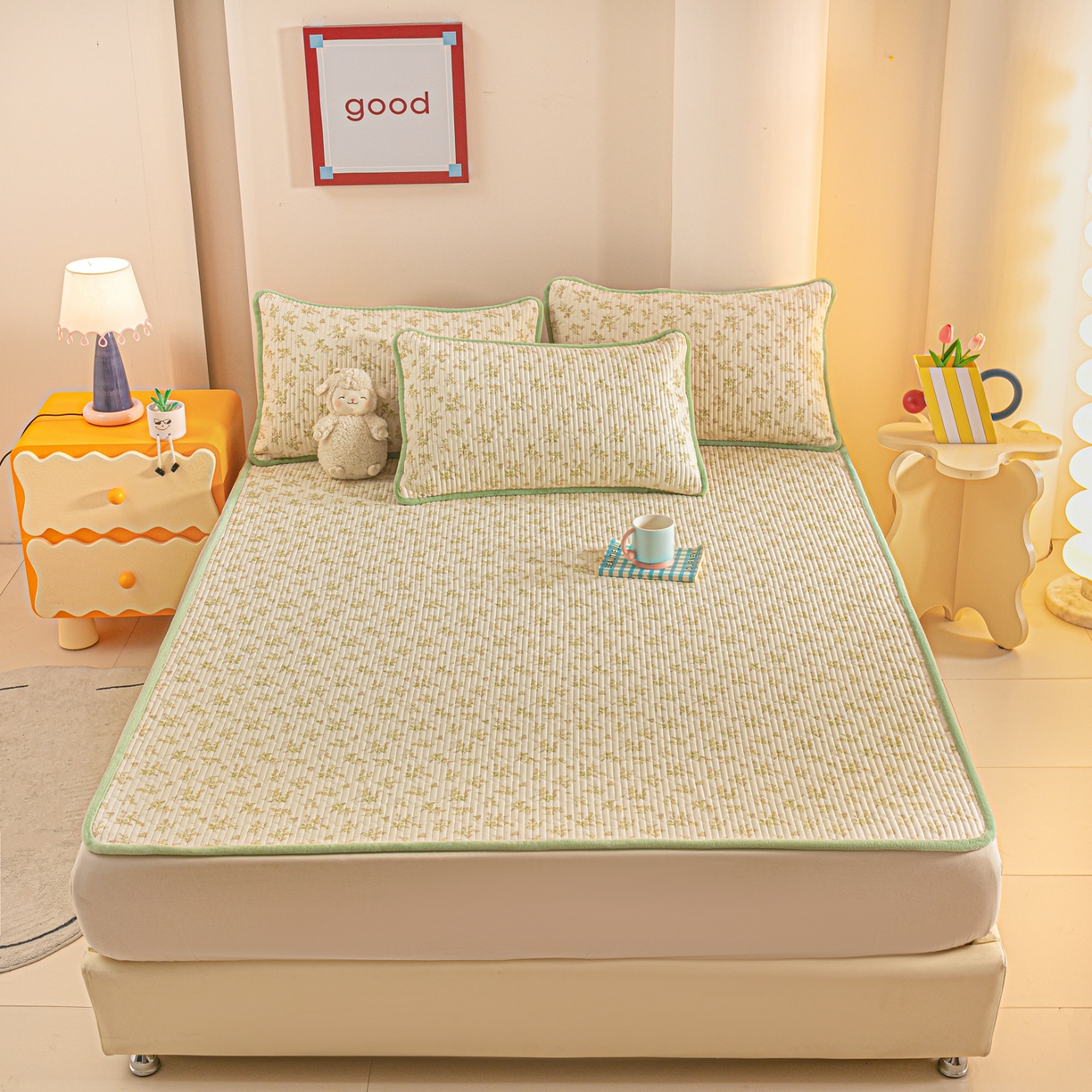 91家纺网 家纺一手货源 找家纺 恒尚居 2025新款A版全棉B版牛奶绒夹棉床褥垫A类四季可用学生床垫-秋冬款三件套系列二 香草园【A纯棉-B牛奶绒】