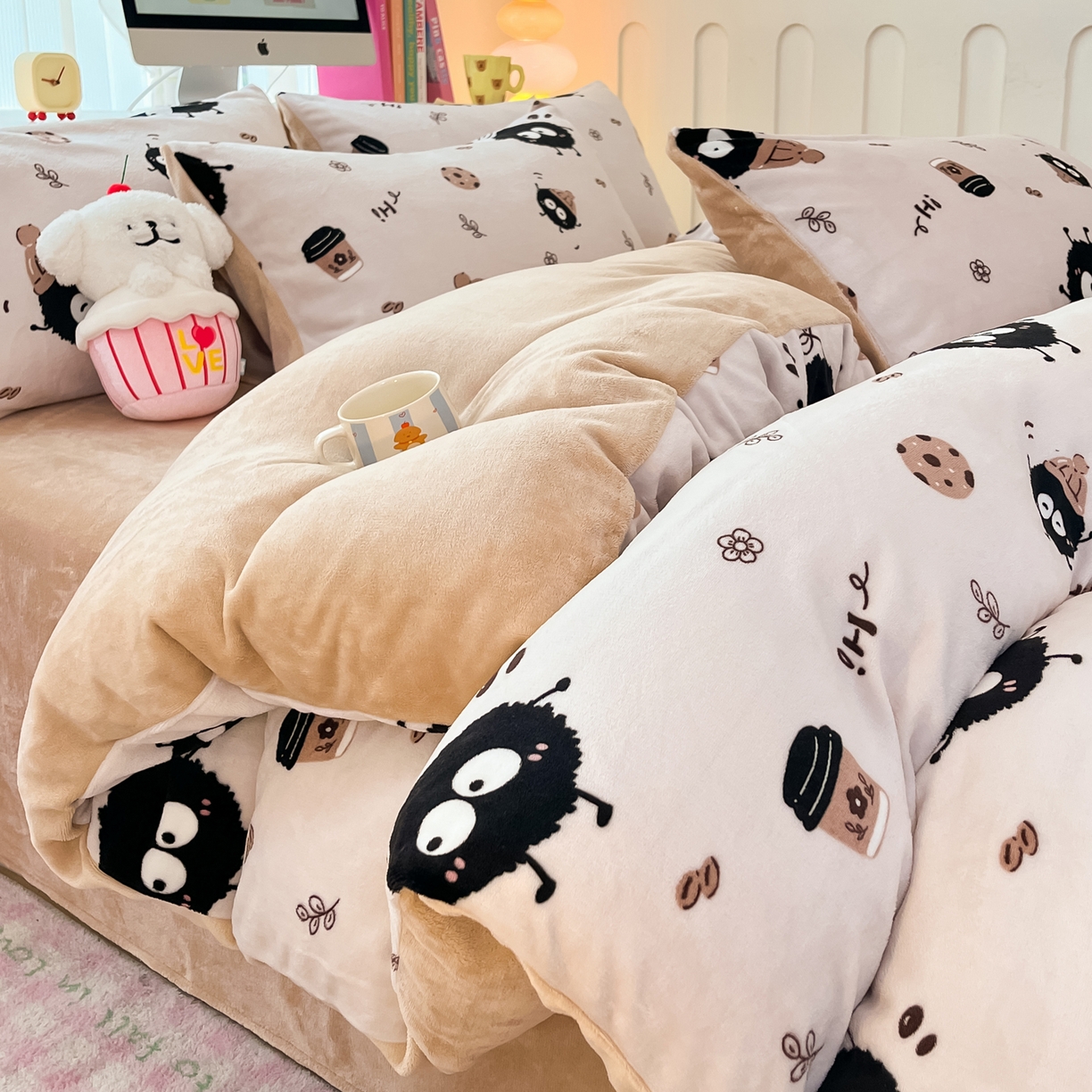 启发 2025新款高克重小清新牛奶绒印花四件套 小煤球