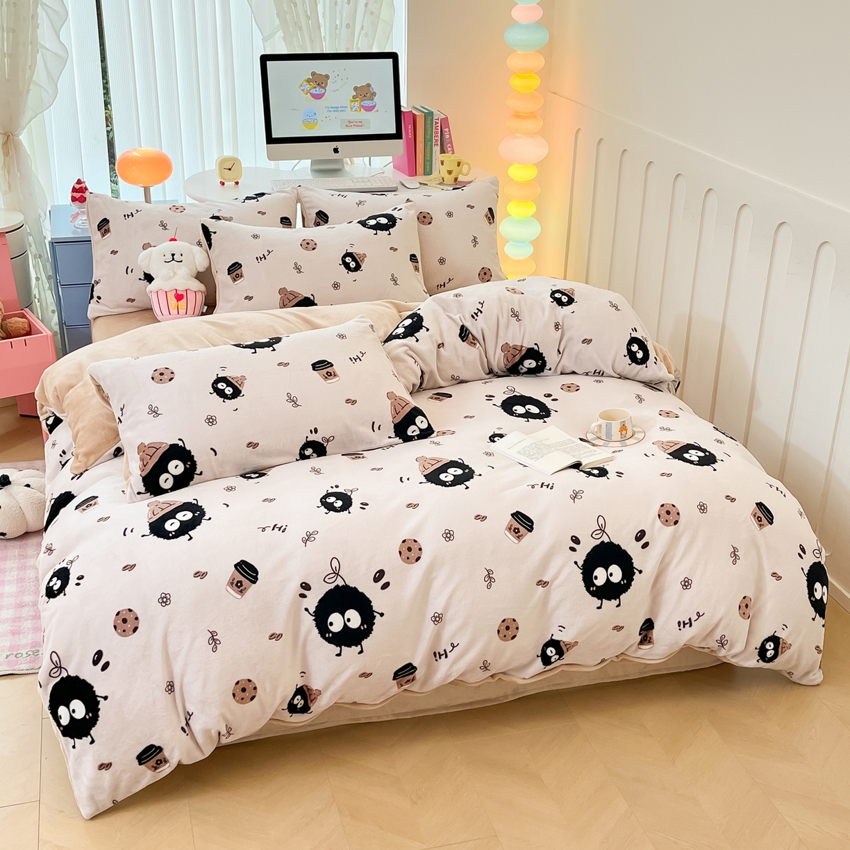 91家纺网 家纺一手货源 找家纺 启发 2025新款高克重小清新牛奶绒印花四件套 小煤球