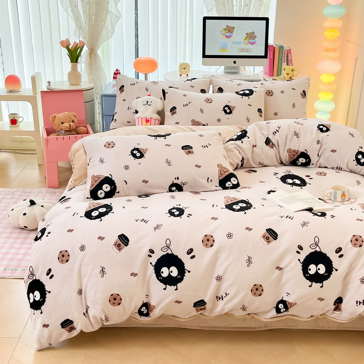 91家纺网 家纺一手货源 找家纺 启发 2025新款高克重小清新牛奶绒印花四件套 小煤球