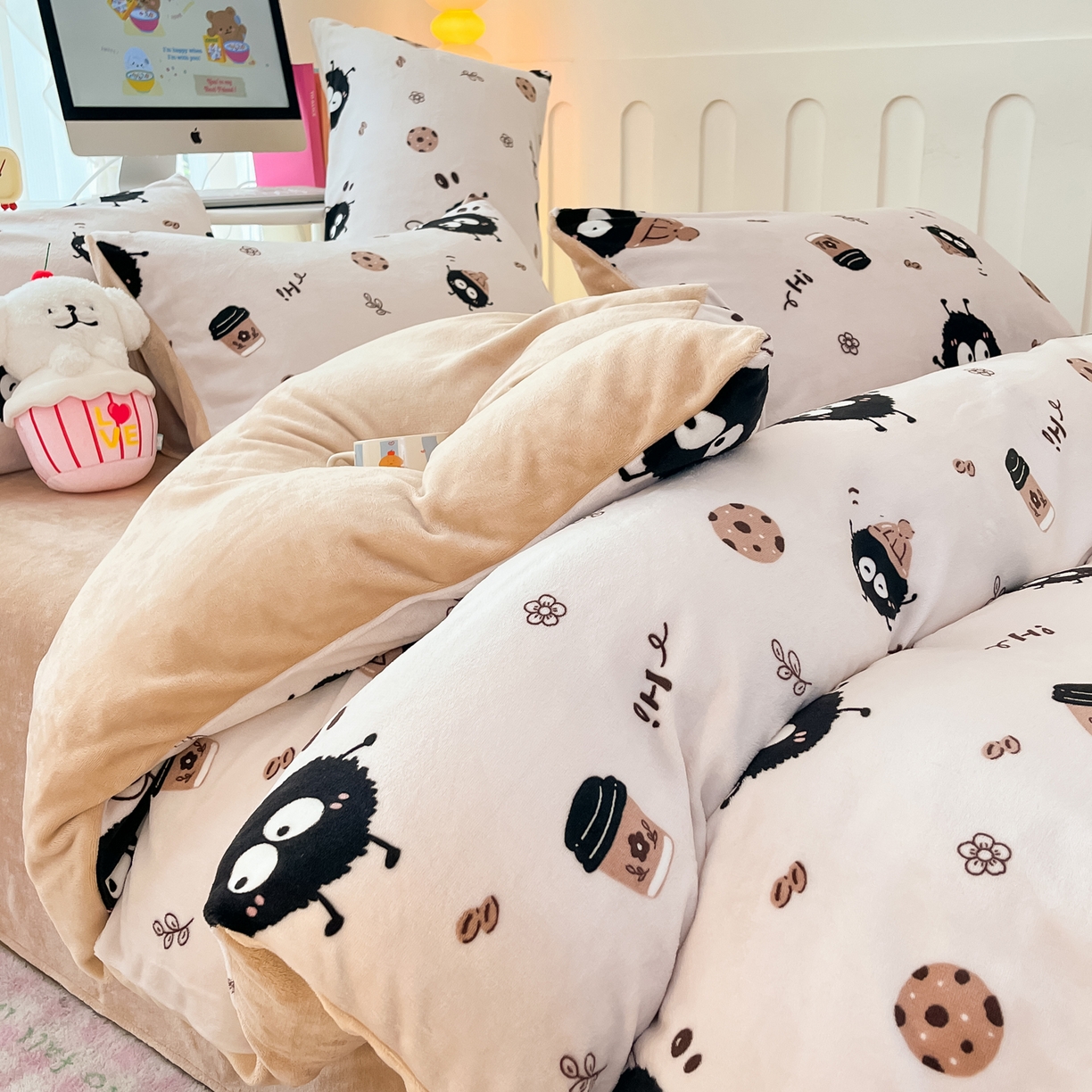 91家纺网 家纺一手货源 找家纺 启发 2025新款高克重小清新牛奶绒印花四件套 小煤球