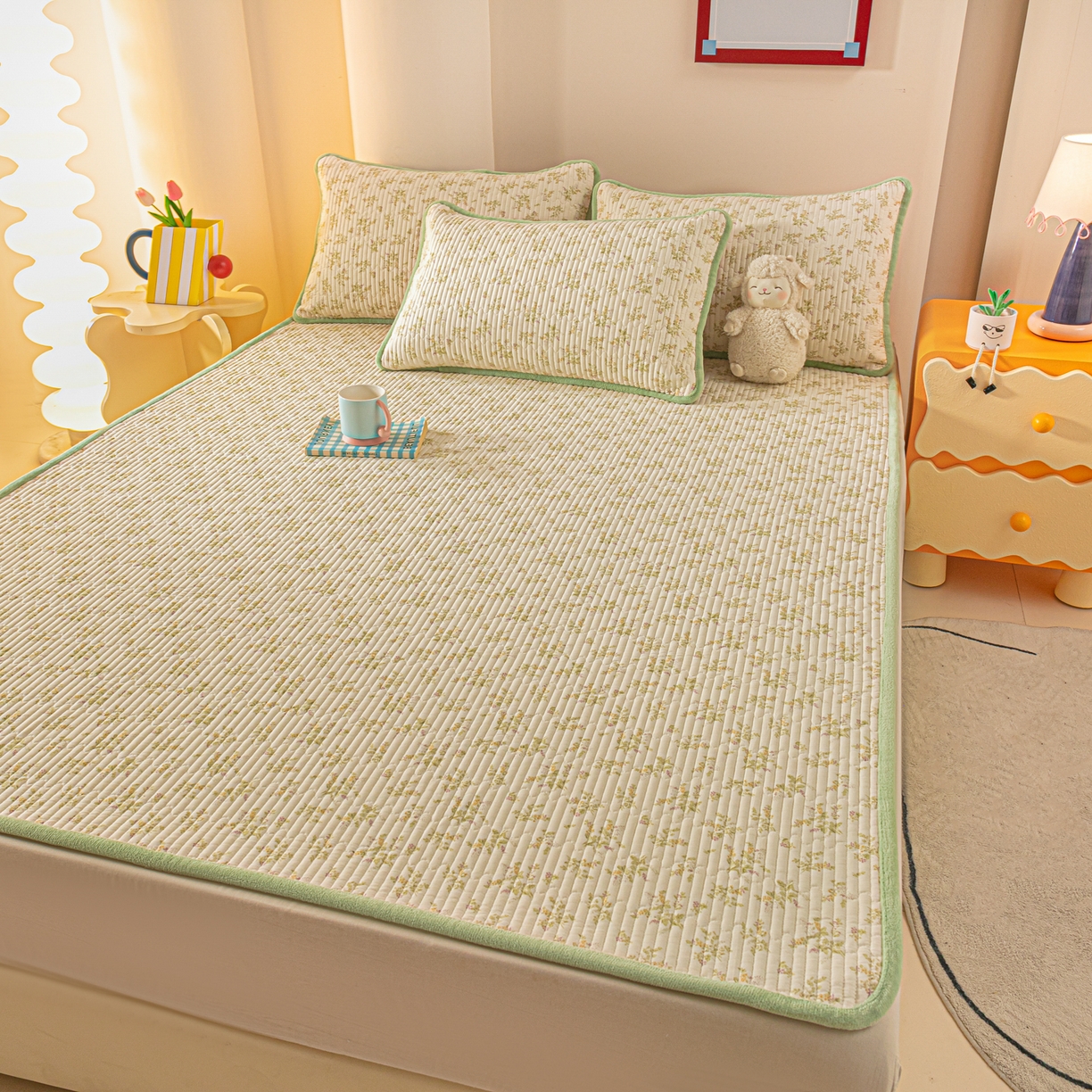 91家纺网 家纺一手货源 找家纺 恒尚居 2025新款A版全棉B版牛奶绒夹棉床褥垫A类四季可用学生床垫-秋冬款三件套系列二 香草园【A纯棉-B牛奶绒】