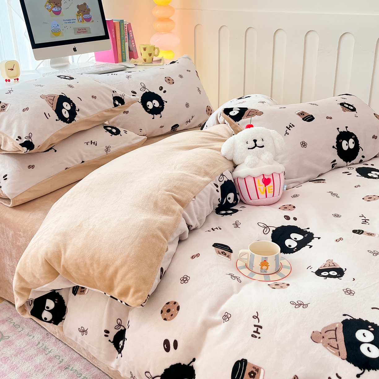 91家纺网 家纺一手货源 找家纺 启发 2025新款高克重小清新牛奶绒印花四件套 小煤球