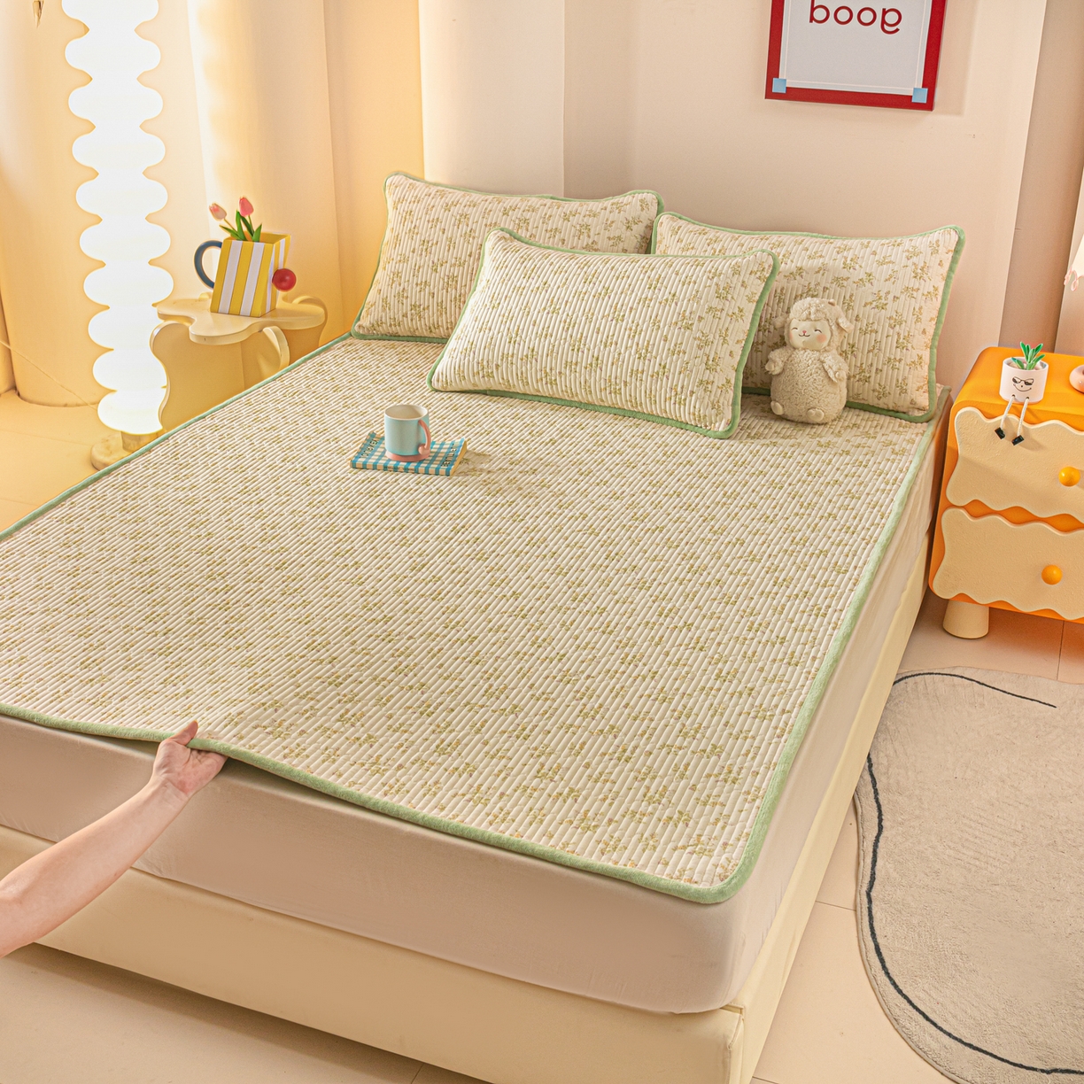 91家纺网 家纺一手货源 找家纺 恒尚居 2025新款A版全棉B版牛奶绒夹棉床褥垫A类四季可用学生床垫-秋冬款三件套系列二 香草园【A纯棉-B牛奶绒】