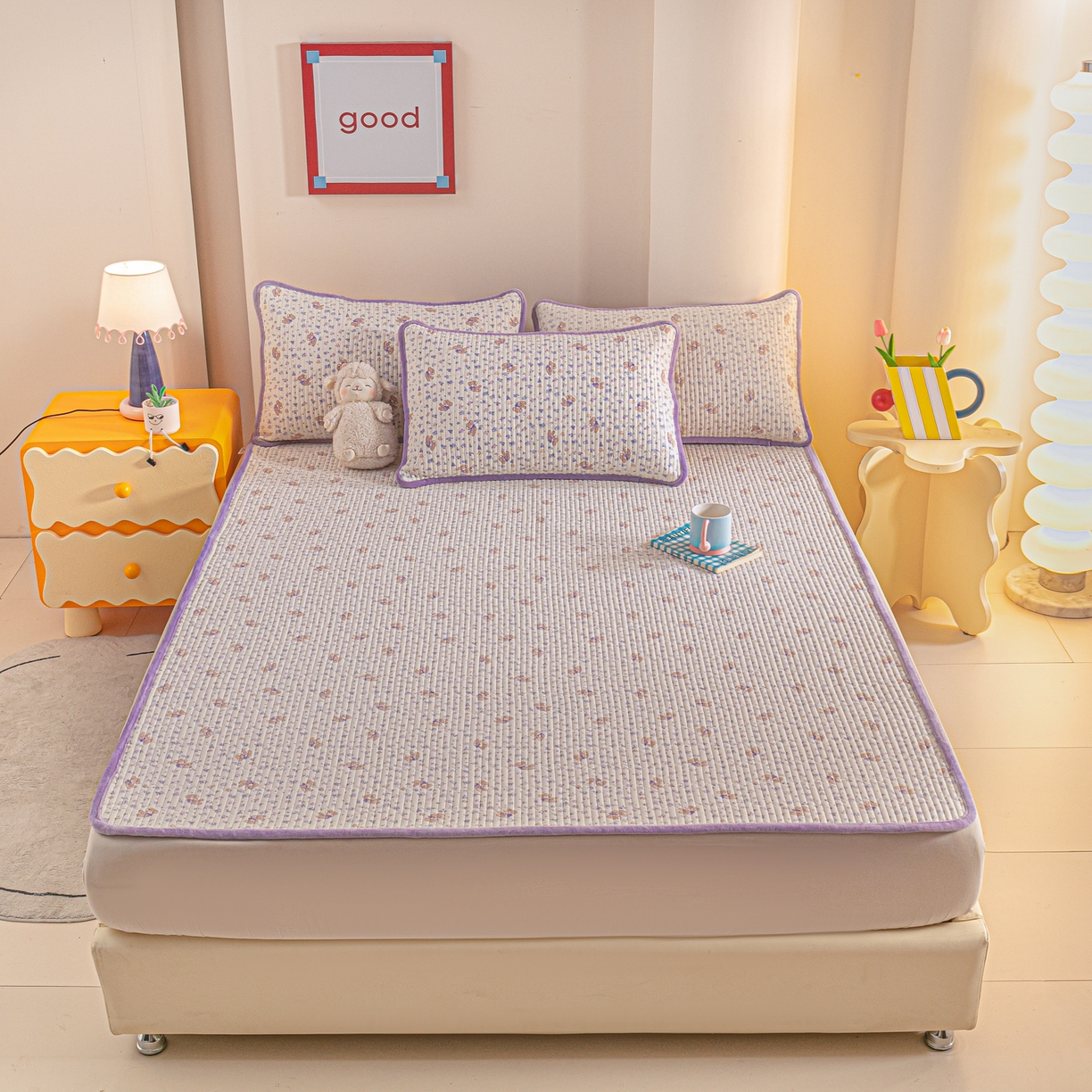 91家纺网 家纺一手货源 找家纺 恒尚居 2025新款A版全棉B版牛奶绒夹棉床褥垫A类四季可用学生床垫-秋冬款三件套系列一 清茶小熊【A纯棉-B牛奶绒】