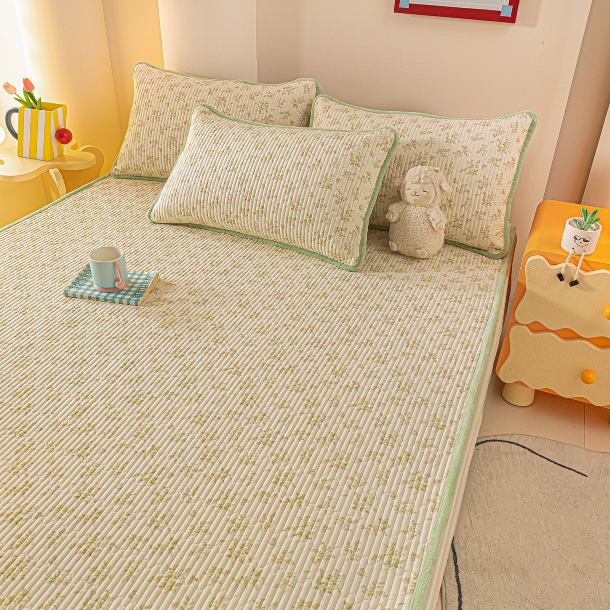 91家纺网 家纺一手货源 找家纺 恒尚居 2025新款A版全棉B版牛奶绒夹棉床褥垫A类四季可用学生床垫-秋冬款三件套系列二 香草园【A纯棉-B牛奶绒】