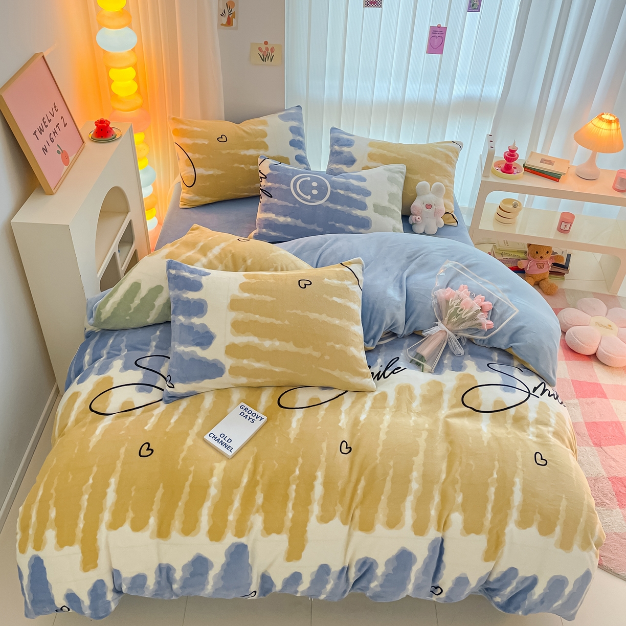 91家纺网 家纺一手货源 找家纺 启发 2025新款高克重小清新牛奶绒印花四件套 笑脸