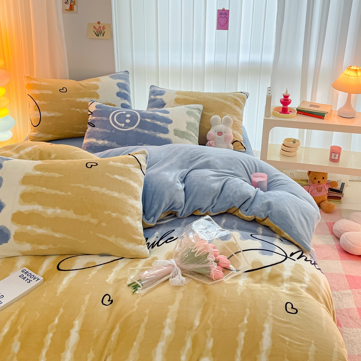 91家纺网 家纺一手货源 找家纺 启发 2025新款高克重小清新牛奶绒印花四件套 笑脸