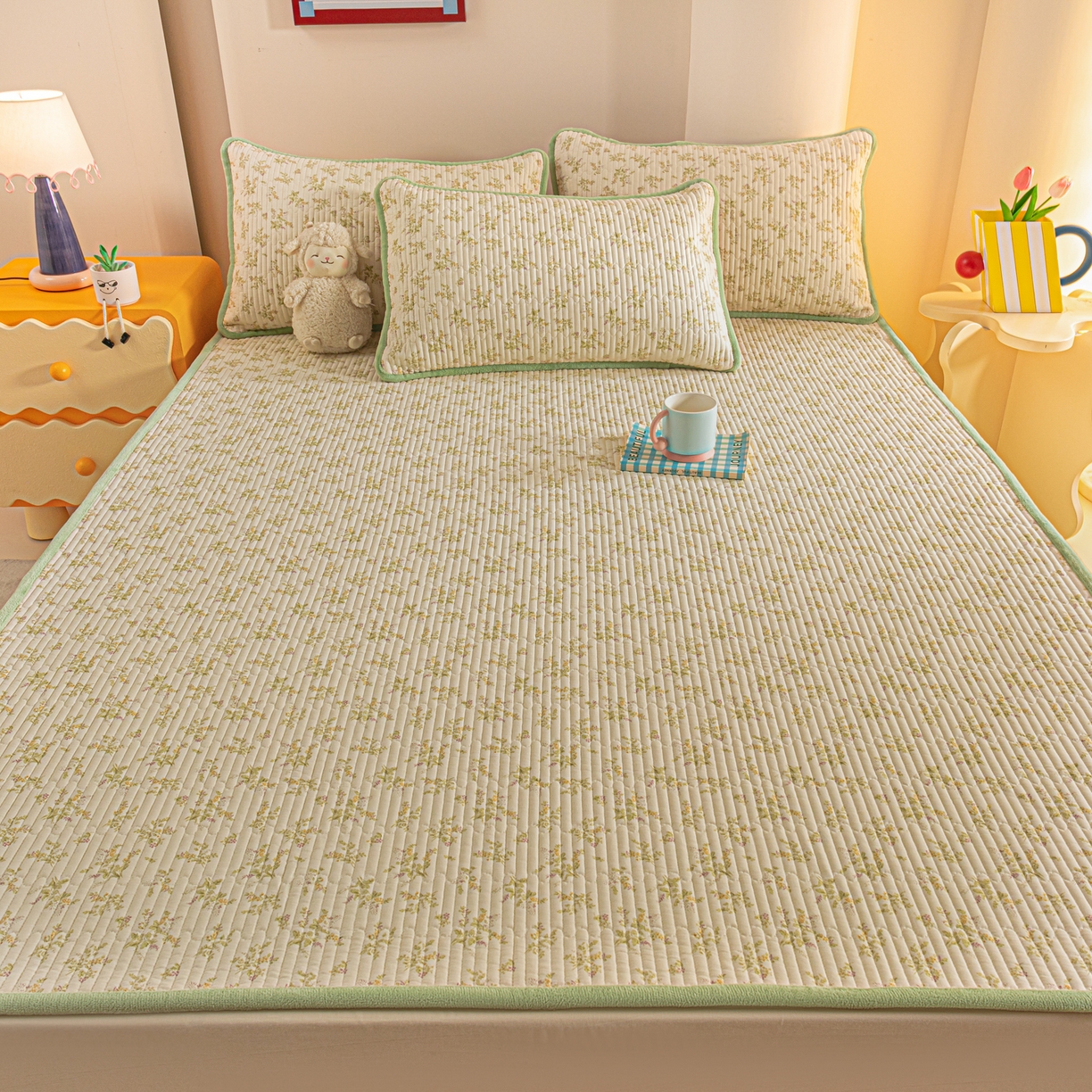 91家纺网 家纺一手货源 找家纺 恒尚居 2025新款A版全棉B版牛奶绒夹棉床褥垫A类四季可用学生床垫-秋冬款三件套系列二 香草园【A纯棉-B牛奶绒】