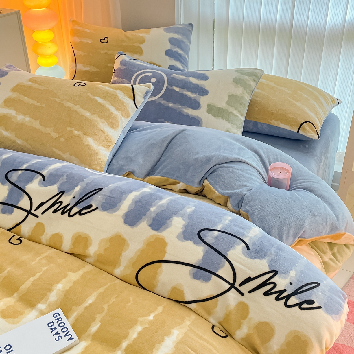 91家纺网 家纺一手货源 找家纺 启发 2025新款高克重小清新牛奶绒印花四件套 笑脸