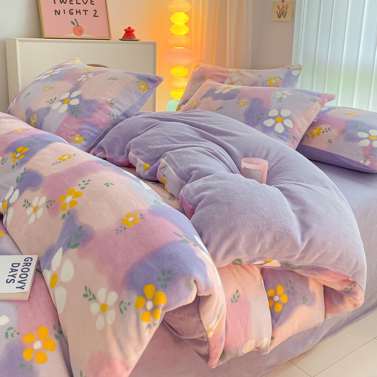 启发 2025新款高克重小清新牛奶绒印花四件套 炫彩花朵