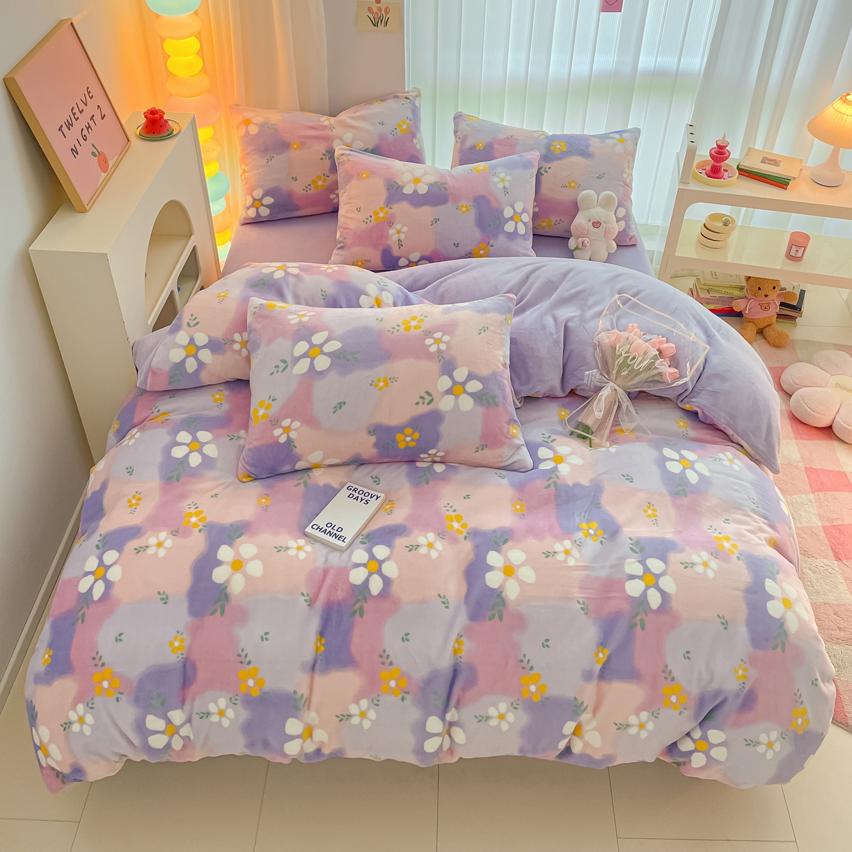 91家纺网 家纺一手货源 找家纺 启发 2025新款高克重小清新牛奶绒印花四件套 炫彩花朵