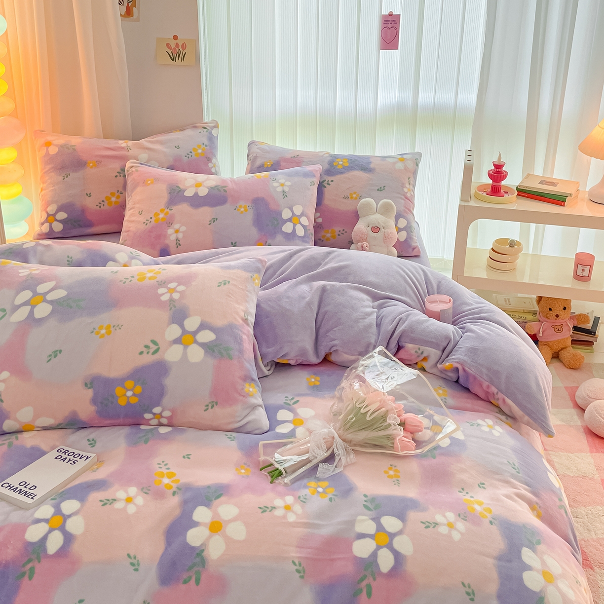 91家纺网 家纺一手货源 找家纺 启发 2025新款高克重小清新牛奶绒印花四件套 炫彩花朵