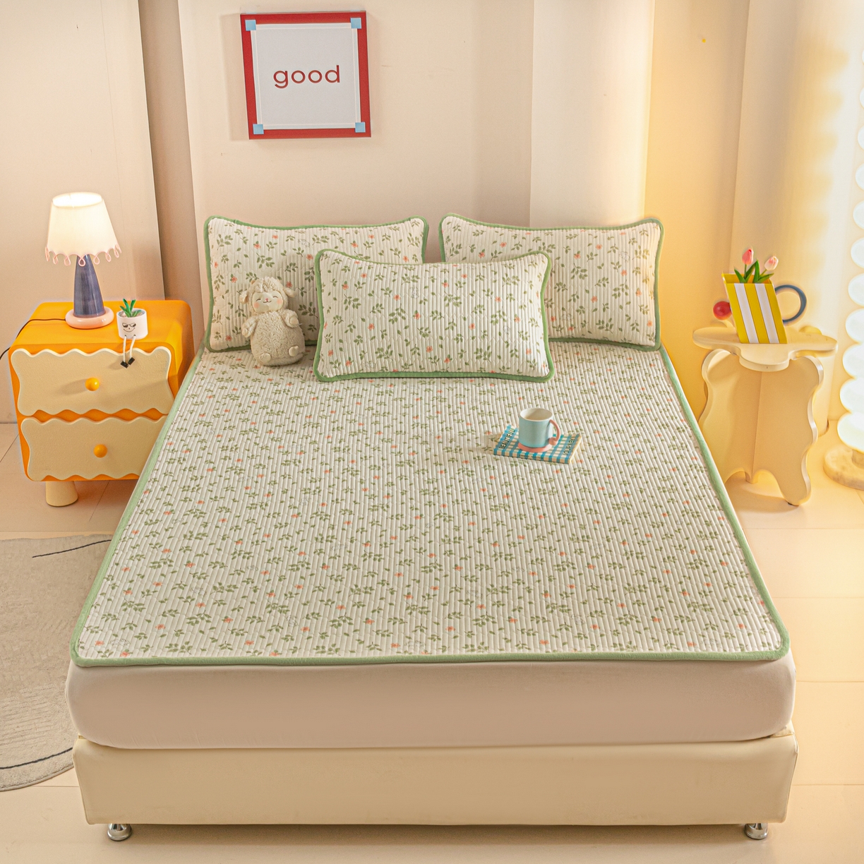 91家纺网 家纺一手货源 找家纺 恒尚居 2025新款A版全棉B版牛奶绒夹棉床褥垫A类四季可用学生床垫-秋冬款三件套系列一 清新雅韵【A纯棉-B牛奶绒】