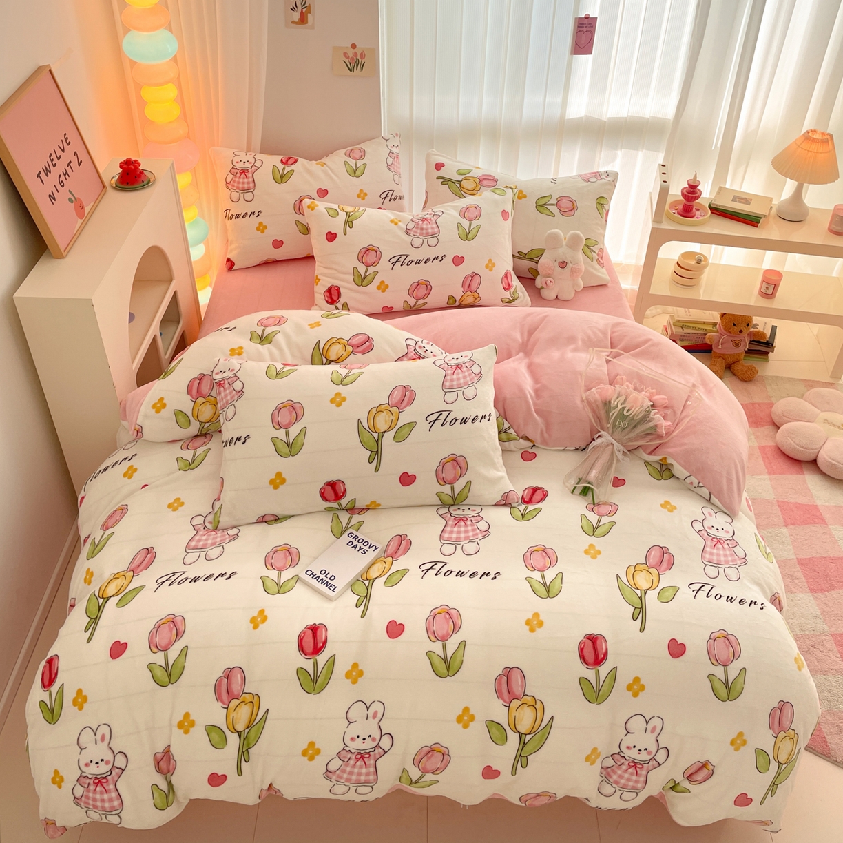 91家纺网 家纺一手货源 找家纺 启发 2025新款高克重小清新牛奶绒印花四件套 郁金香兔