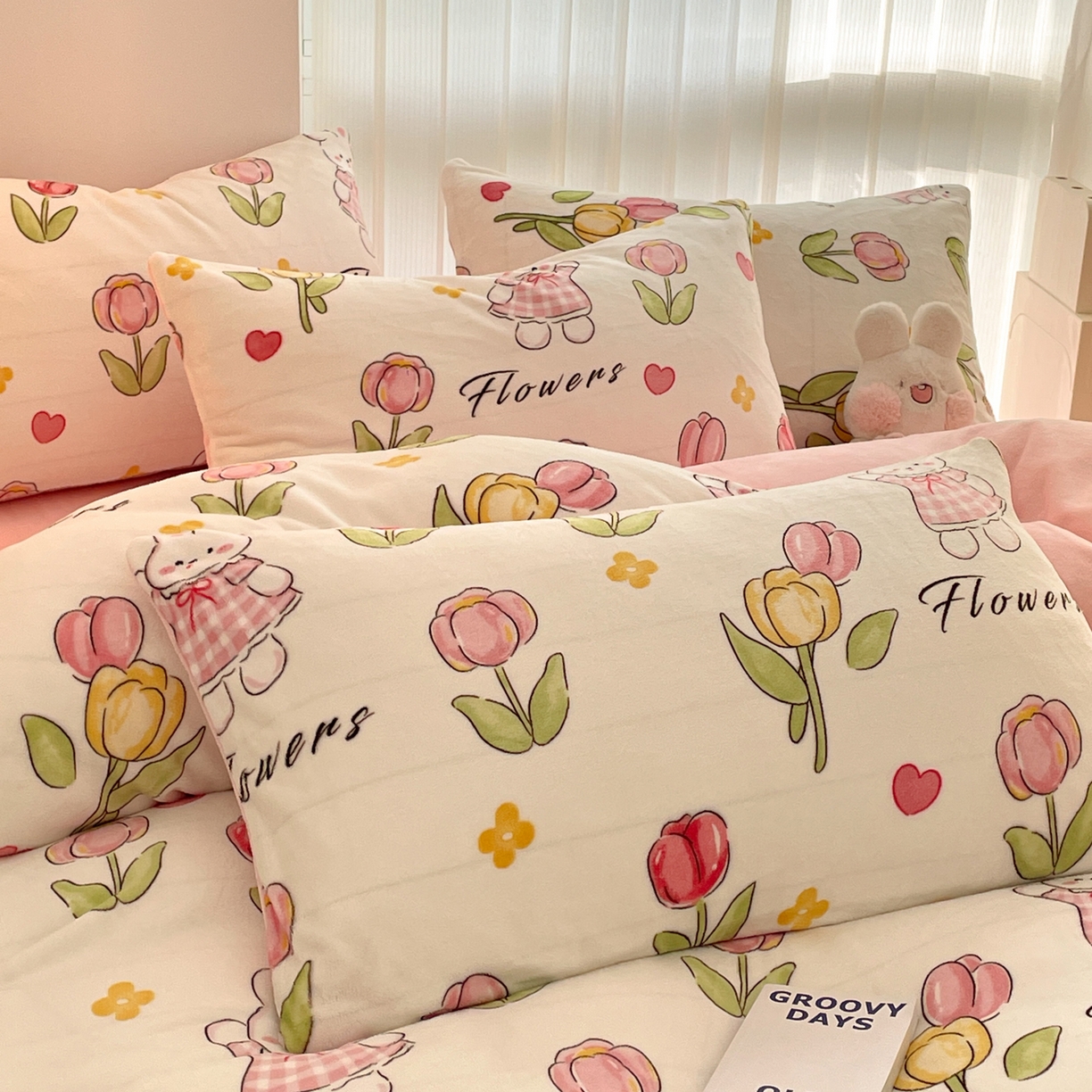 91家纺网 家纺一手货源 找家纺 启发 2025新款高克重小清新牛奶绒印花四件套 郁金香兔