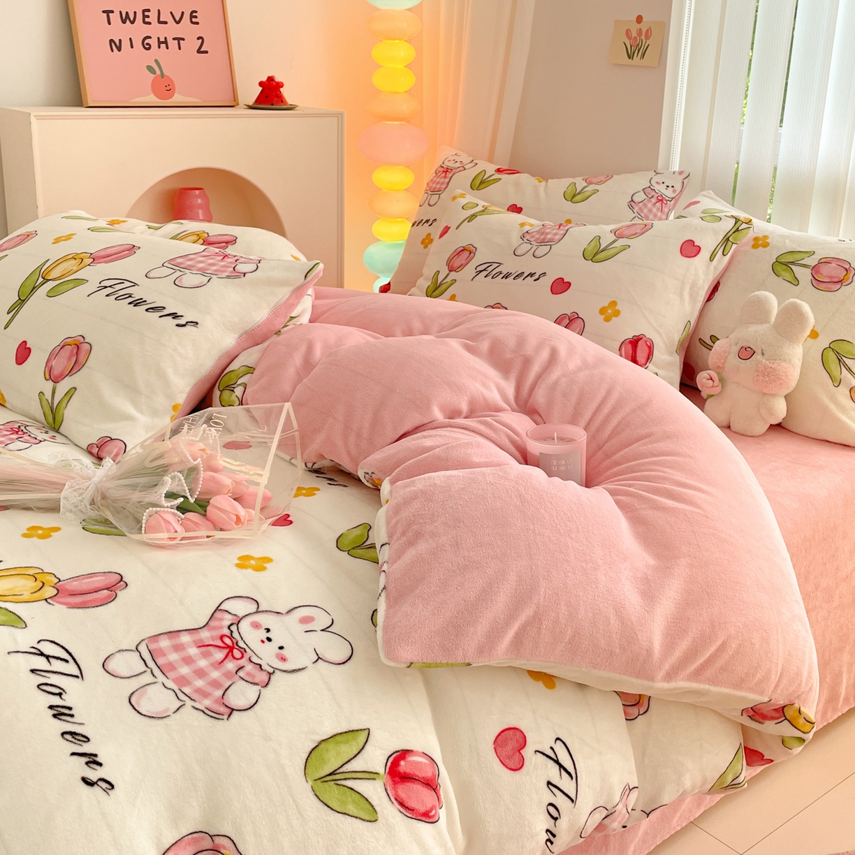 91家纺网 家纺一手货源 找家纺 启发 2025新款高克重小清新牛奶绒印花四件套 郁金香兔