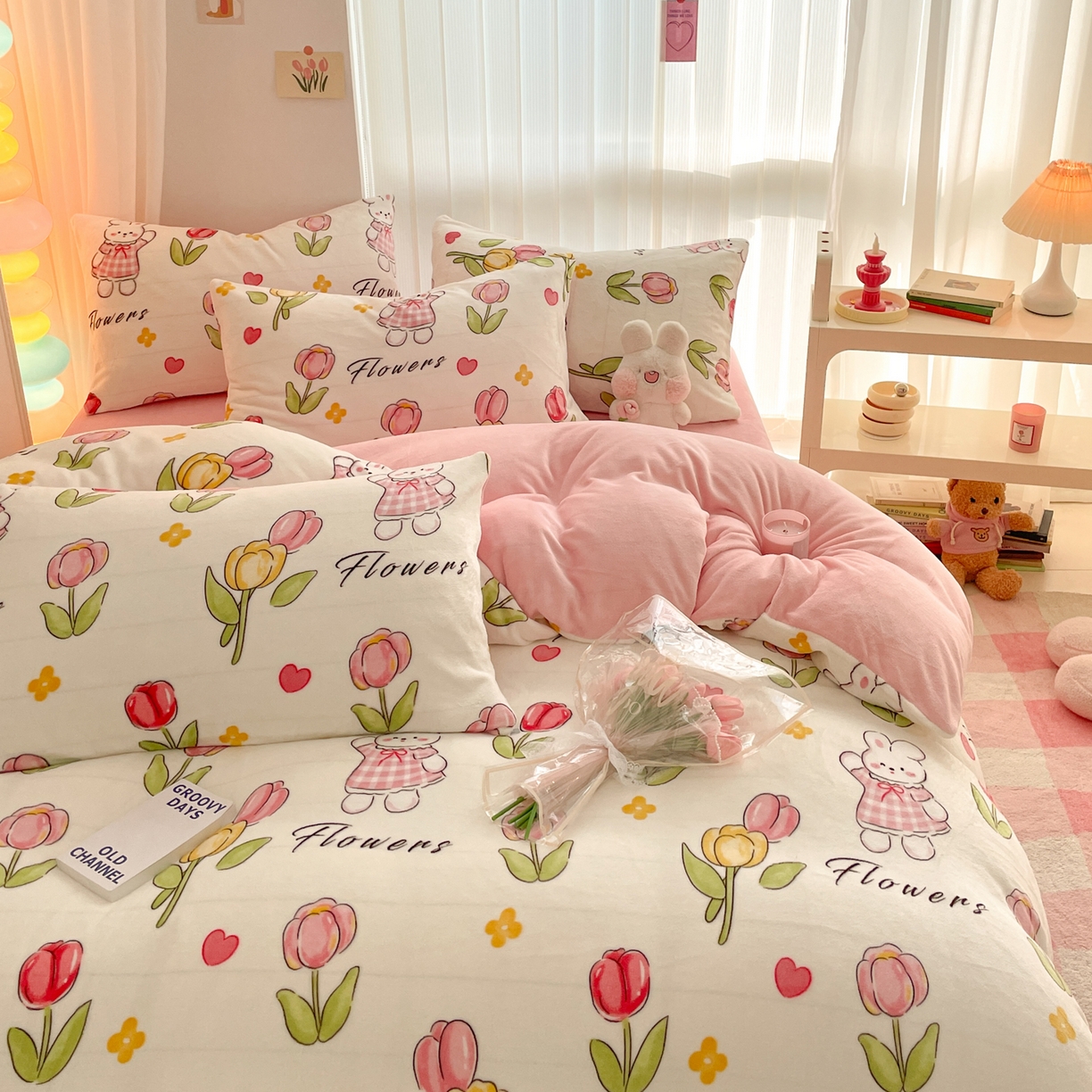 91家纺网 家纺一手货源 找家纺 启发 2025新款高克重小清新牛奶绒印花四件套 郁金香兔