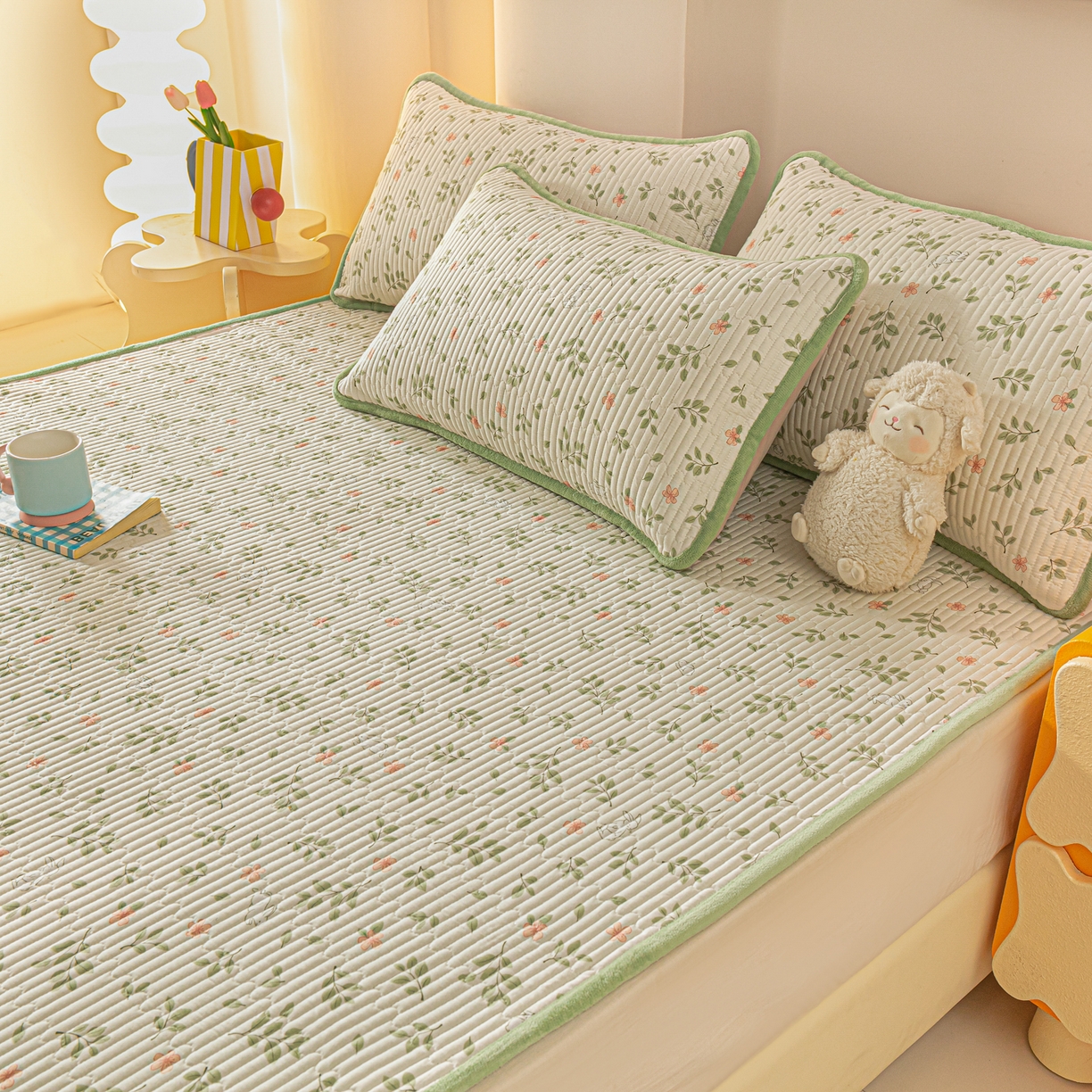 91家纺网 家纺一手货源 找家纺 恒尚居 2025新款A版全棉B版牛奶绒夹棉床褥垫A类四季可用学生床垫-秋冬款三件套系列一 清新雅韵【A纯棉-B牛奶绒】