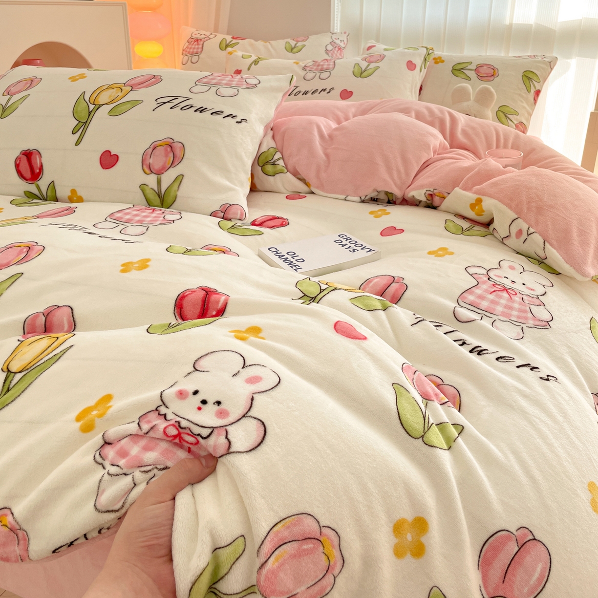 91家纺网 家纺一手货源 找家纺 启发 2025新款高克重小清新牛奶绒印花四件套 郁金香兔