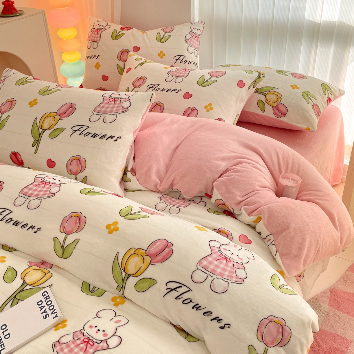 91家纺网 家纺一手货源 找家纺 启发 2025新款高克重小清新牛奶绒印花四件套 郁金香兔