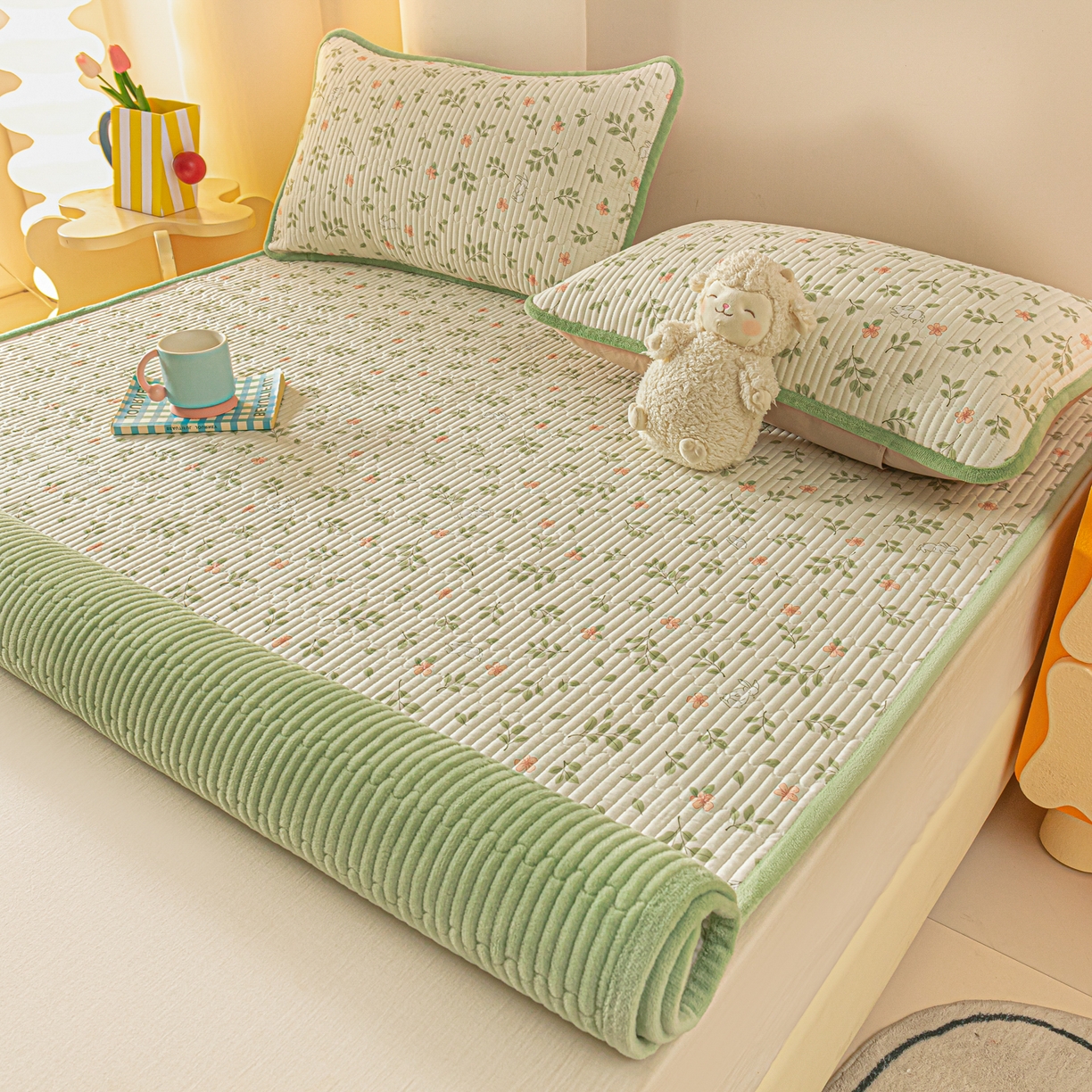 91家纺网 家纺一手货源 找家纺 恒尚居 2025新款A版全棉B版牛奶绒夹棉床褥垫A类四季可用学生床垫-秋冬款三件套系列一 清新雅韵【A纯棉-B牛奶绒】