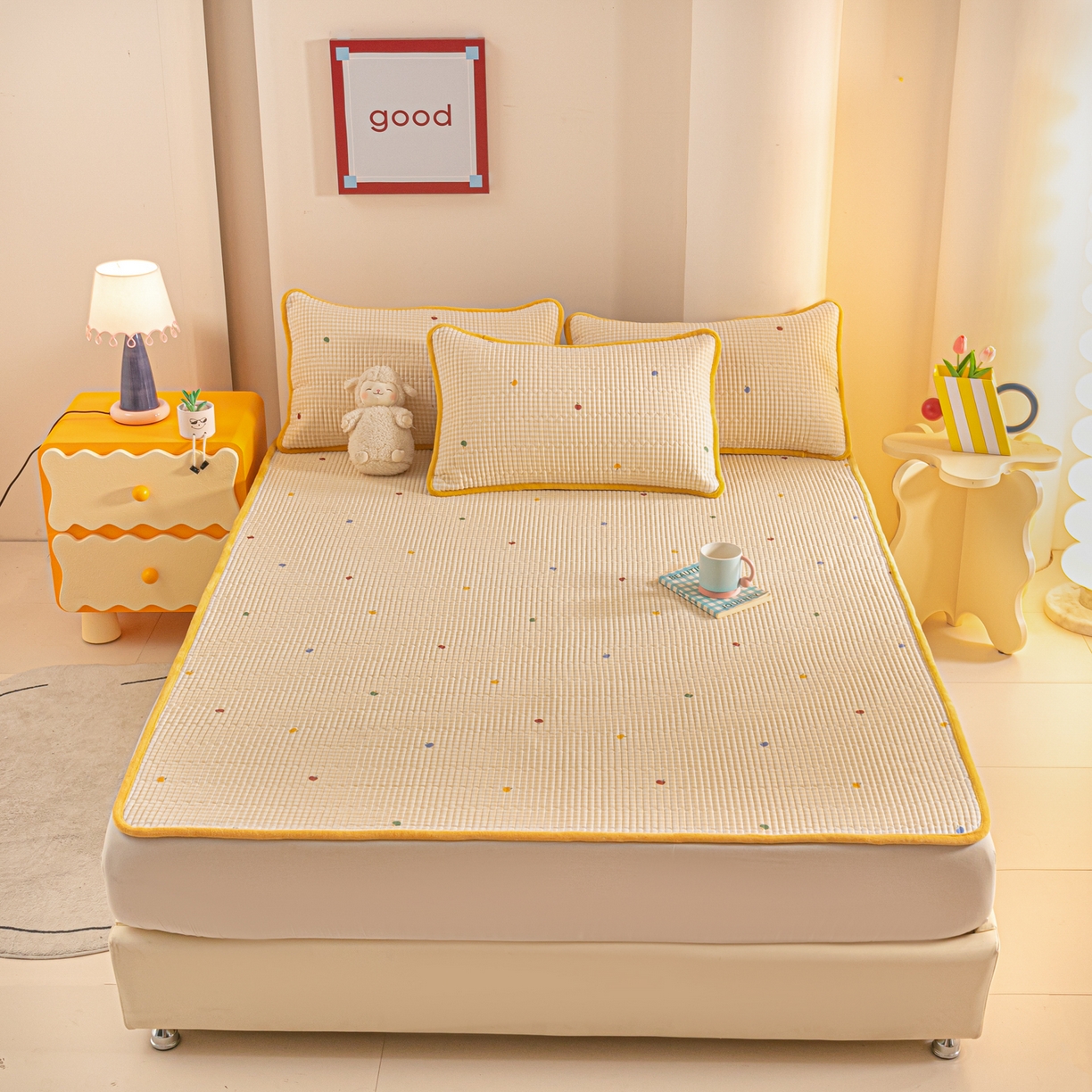 91家纺网 家纺一手货源 找家纺 恒尚居 2025新款A版全棉B版牛奶绒夹棉床褥垫A类四季可用学生床垫-秋冬款三件套系列一 雨果【A纯棉-B牛奶绒】