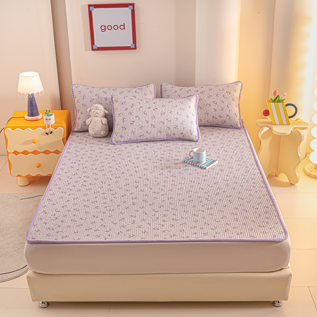 91家纺网 家纺一手货源 找家纺 恒尚居 2025新款A版全棉B版牛奶绒夹棉床褥垫A类四季可用学生床垫-秋冬款三件套系列二 玉妃【A纯棉-B牛奶绒】