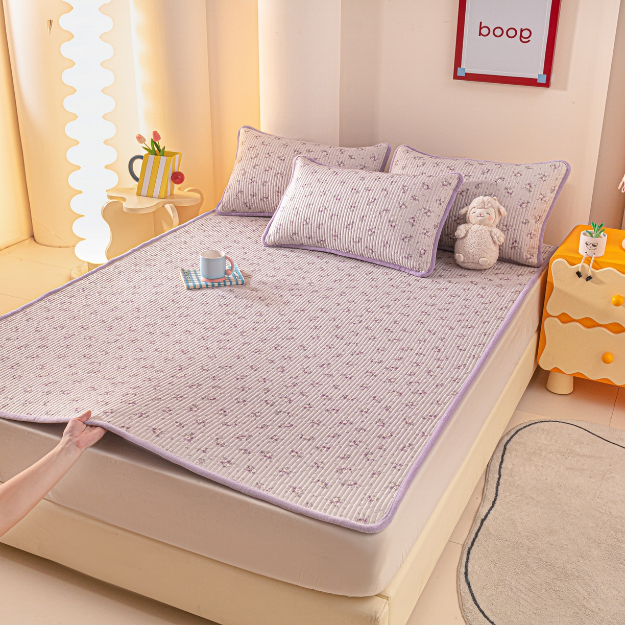 91家纺网 家纺一手货源 找家纺 恒尚居 2025新款A版全棉B版牛奶绒夹棉床褥垫A类四季可用学生床垫-秋冬款三件套系列二 玉妃【A纯棉-B牛奶绒】