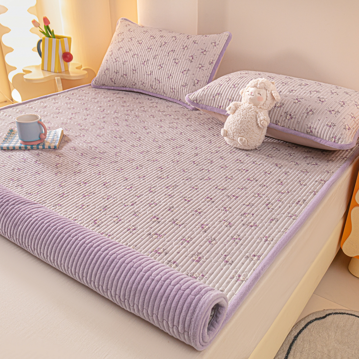 91家纺网 家纺一手货源 找家纺 恒尚居 2025新款A版全棉B版牛奶绒夹棉床褥垫A类四季可用学生床垫-秋冬款三件套系列二 玉妃【A纯棉-B牛奶绒】