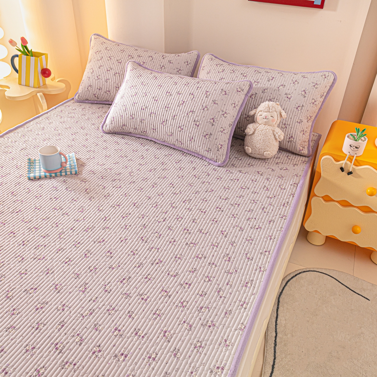 91家纺网 家纺一手货源 找家纺 恒尚居 2025新款A版全棉B版牛奶绒夹棉床褥垫A类四季可用学生床垫-秋冬款三件套系列二 玉妃【A纯棉-B牛奶绒】