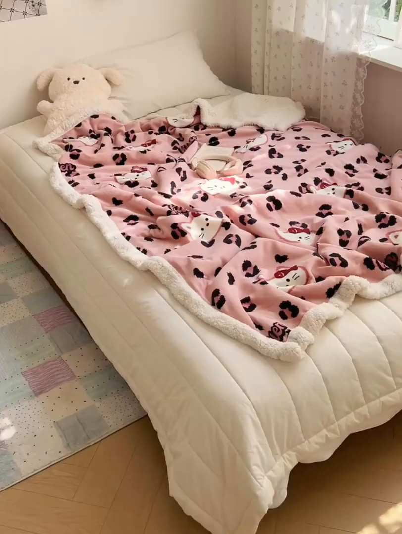 91家纺网 家纺一手货源 找家纺 （总）桃子家居 2025新款A类ins小清新少女可爱奶油猫咪卡通加厚牛奶绒羊羔绒毛毯多功能毛毯