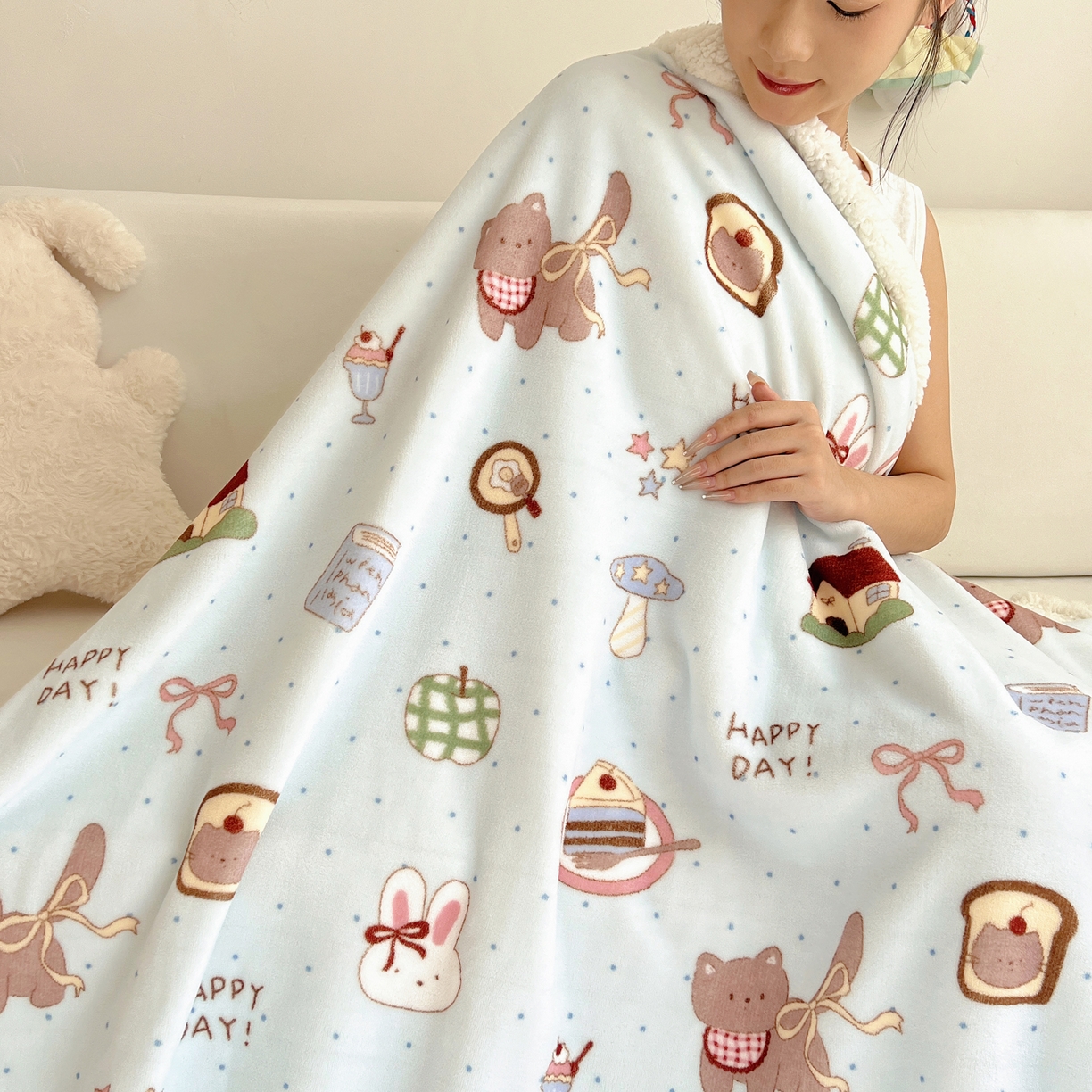 91家纺网 家纺一手货源 找家纺 （总）桃子家居 2025新款A类ins小清新少女可爱奶油猫咪卡通加厚牛奶绒羊羔绒毛毯多功能毛毯