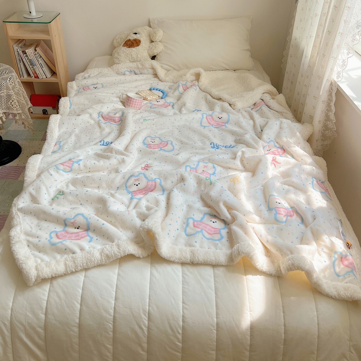 91家纺网 家纺一手货源 找家纺 桃子家居 2025新款A类ins小清新少女可爱奶油猫咪卡通加厚牛奶绒羊羔绒毛毯多功能毛毯 绒毛毯-MT彩甜小狗