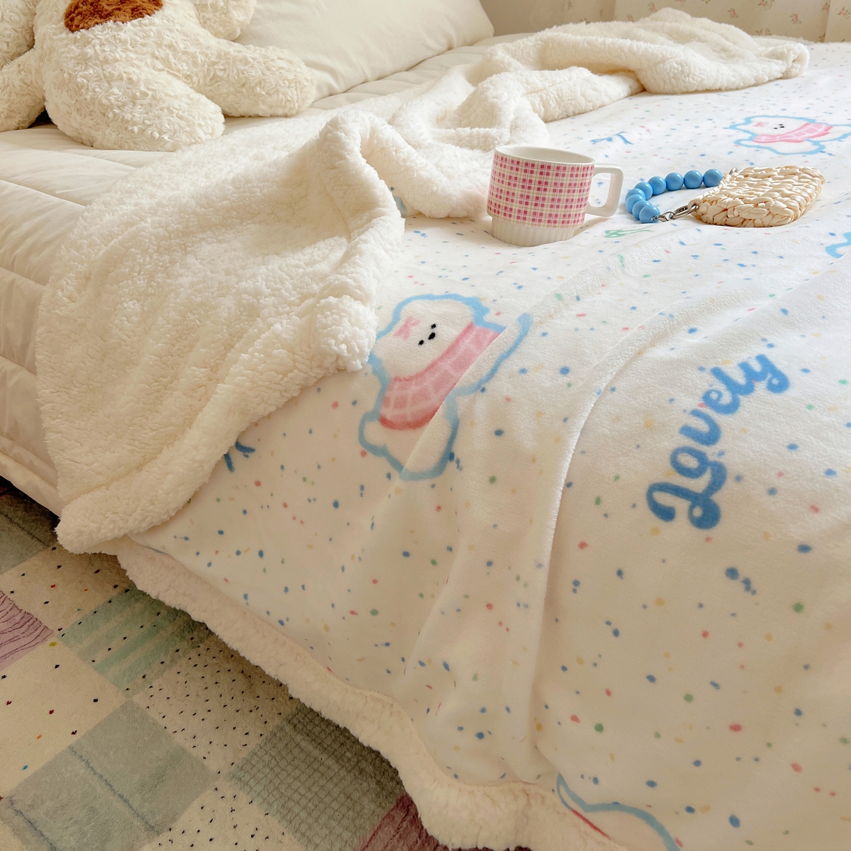 91家纺网 家纺一手货源 找家纺 桃子家居 2025新款A类ins小清新少女可爱奶油猫咪卡通加厚牛奶绒羊羔绒毛毯多功能毛毯 绒毛毯-MT彩甜小狗