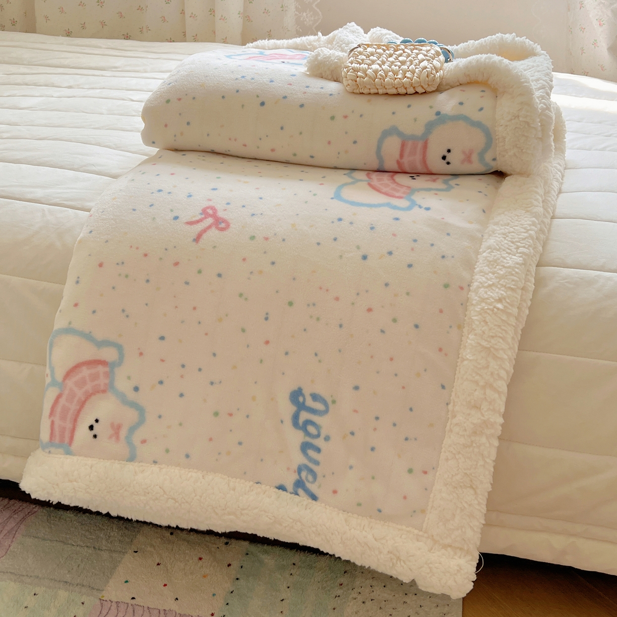 91家纺网 家纺一手货源 找家纺 桃子家居 2025新款A类ins小清新少女可爱奶油猫咪卡通加厚牛奶绒羊羔绒毛毯多功能毛毯 绒毛毯-MT彩甜小狗
