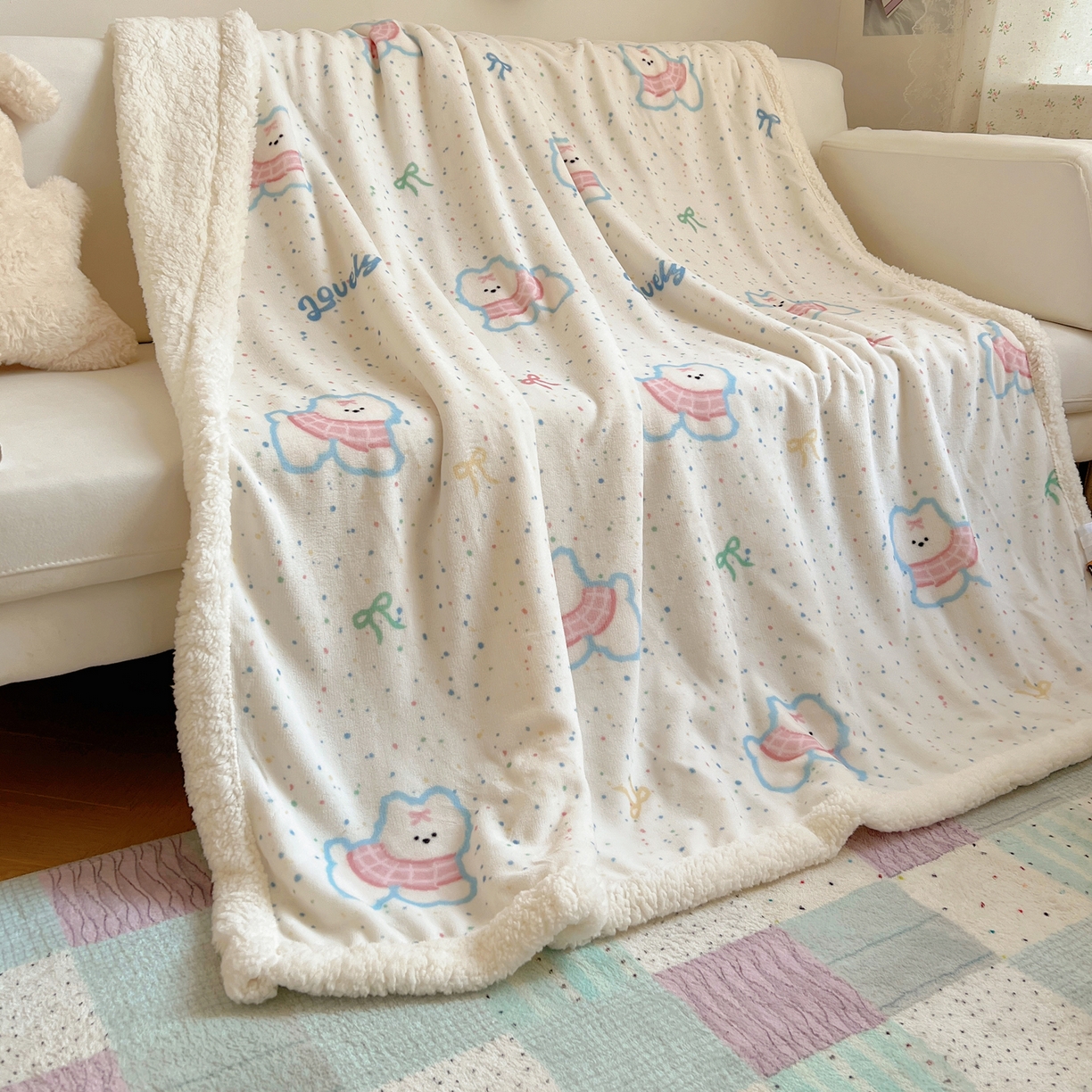 91家纺网 家纺一手货源 找家纺 桃子家居 2025新款A类ins小清新少女可爱奶油猫咪卡通加厚牛奶绒羊羔绒毛毯多功能毛毯 绒毛毯-MT彩甜小狗