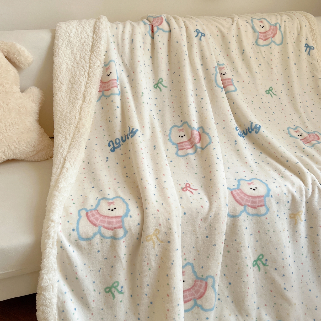 91家纺网 家纺一手货源 找家纺 桃子家居 2025新款A类ins小清新少女可爱奶油猫咪卡通加厚牛奶绒羊羔绒毛毯多功能毛毯 绒毛毯-MT彩甜小狗