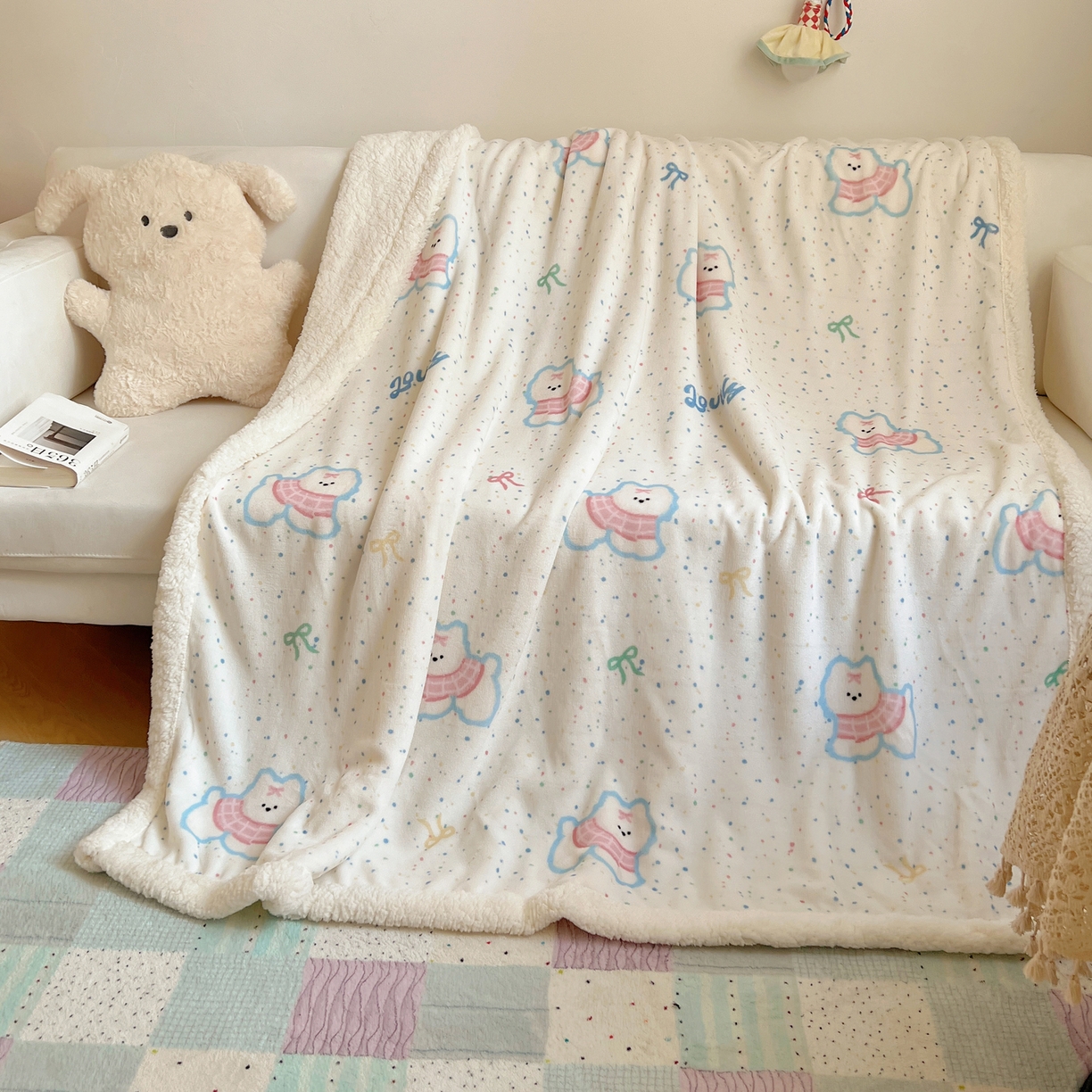 91家纺网 家纺一手货源 找家纺 桃子家居 2025新款A类ins小清新少女可爱奶油猫咪卡通加厚牛奶绒羊羔绒毛毯多功能毛毯 绒毛毯-MT彩甜小狗