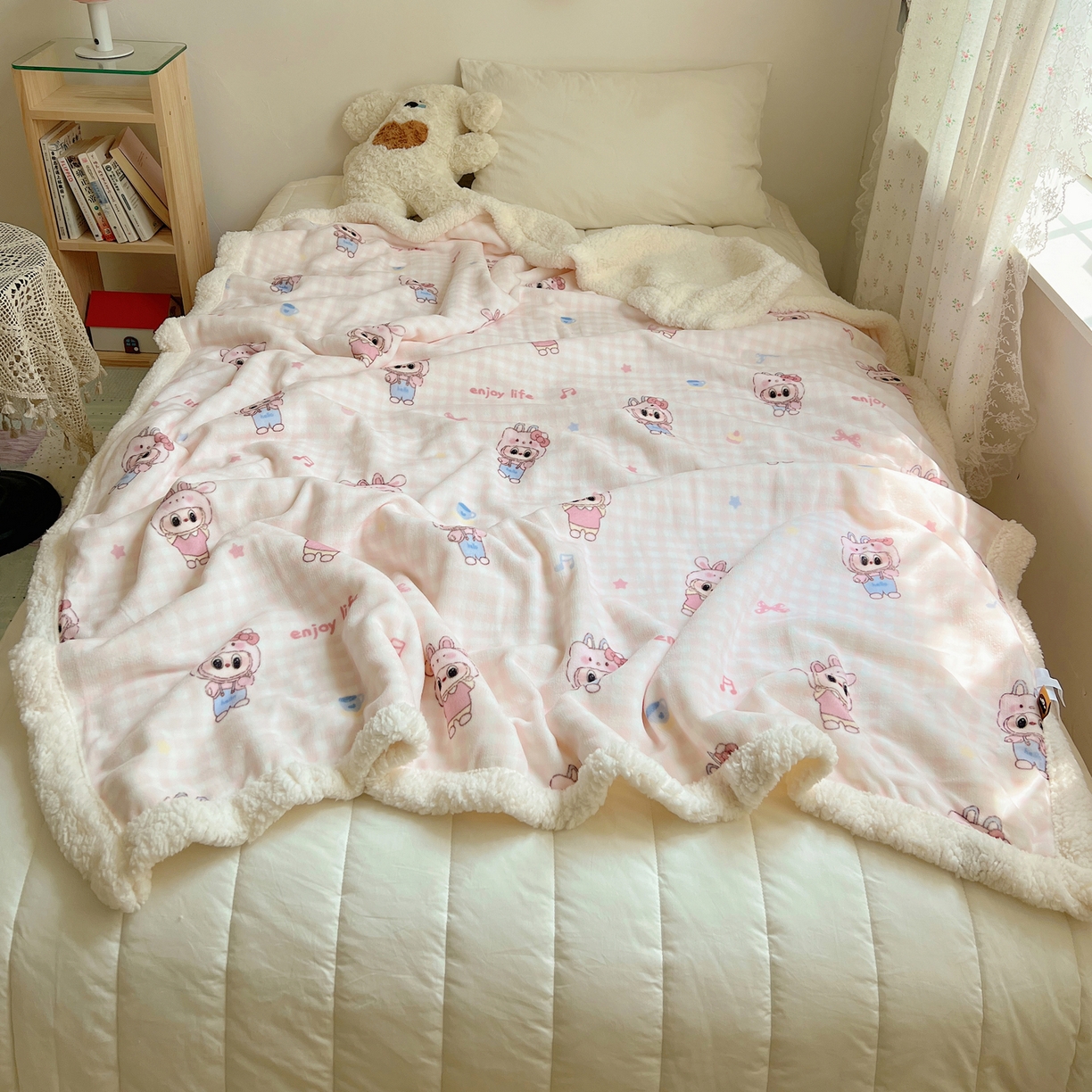 91家纺网 家纺一手货源 找家纺 桃子家居 2025新款A类ins小清新少女可爱奶油猫咪卡通加厚牛奶绒羊羔绒毛毯多功能毛毯 绒毛毯-MT粉格可可