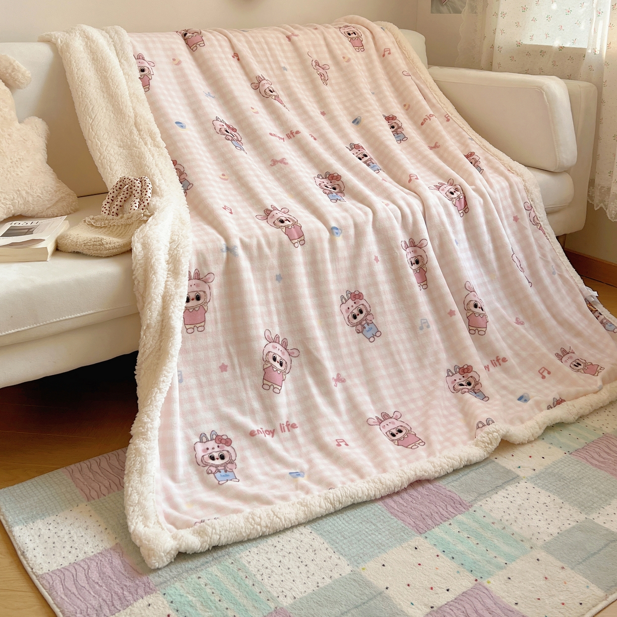 91家纺网 家纺一手货源 找家纺 桃子家居 2025新款A类ins小清新少女可爱奶油猫咪卡通加厚牛奶绒羊羔绒毛毯多功能毛毯 绒毛毯-MT粉格可可