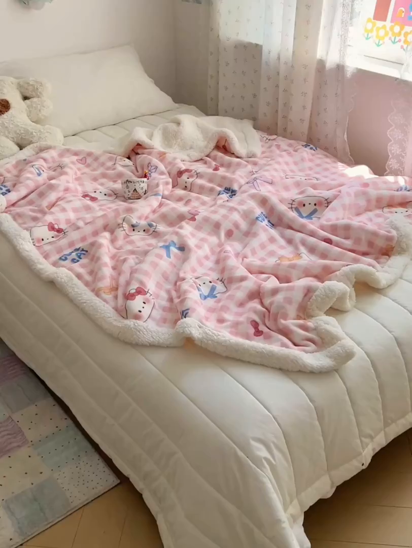 91家纺网 家纺一手货源 找家纺 桃子家居 2025新款A类ins小清新少女可爱奶油猫咪卡通加厚牛奶绒羊羔绒毛毯多功能毛毯 绒毛毯-MT粉格喵喵